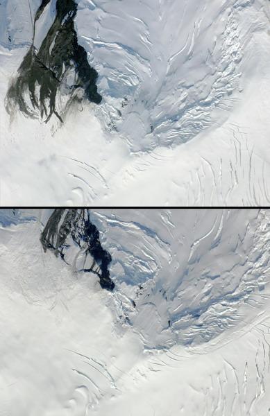 上侧图片是加拿大苏华德冰川地震之前的情景，下侧图片是冰川地震之后拍摄到的。