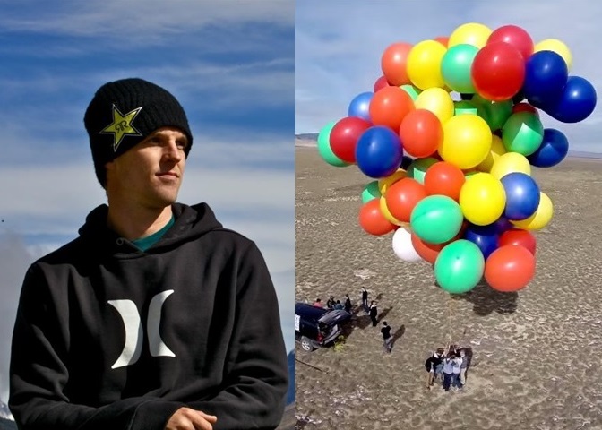 罗纳(左)乘坐用绳索连接气球的躺椅，升上高空展开挑战。