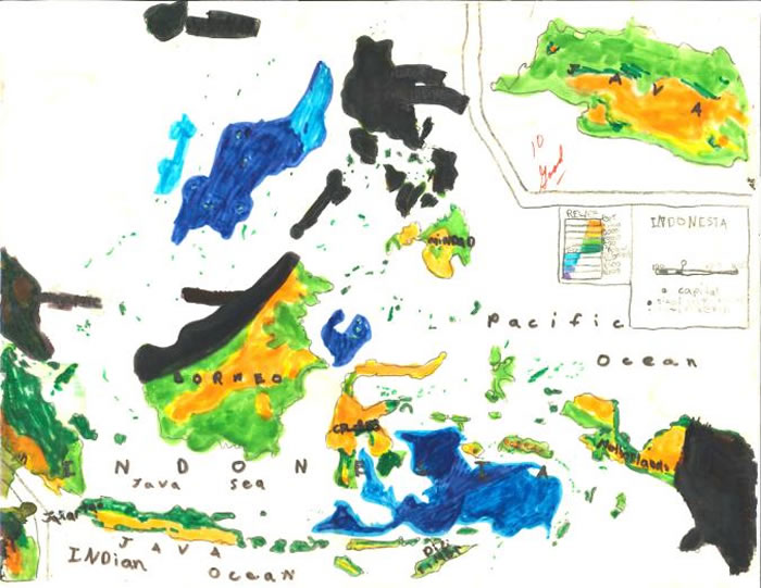 「印尼」，马修・汉普顿约九岁的作品。 MAP BY MATTHEW HAMPTON