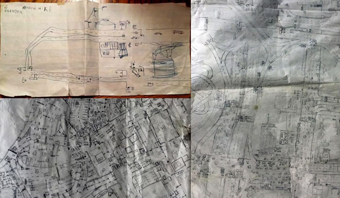麦克・佛斯特创作的三幅地图，自左上角顺时钟顺序依序为：「麦克给爷爷」，约五岁时的作品；「卡鲁美城」（Calumet City），九岁时的作品；「韦