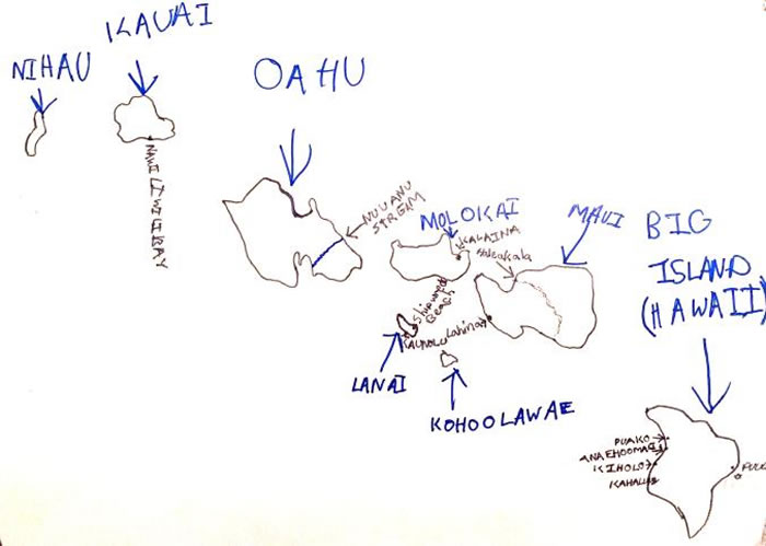 「夏威夷」，安迪・伍卓夫，约七岁时的作品。 MAP BY ANDY WOODRUFF