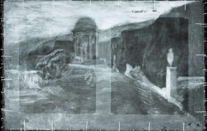 扫描〈蹲坐的行乞者〉后显露出底下的风景画。 PHOTOGRAPH COURTESY ART GALLERY OF ONTARIO (AGO)