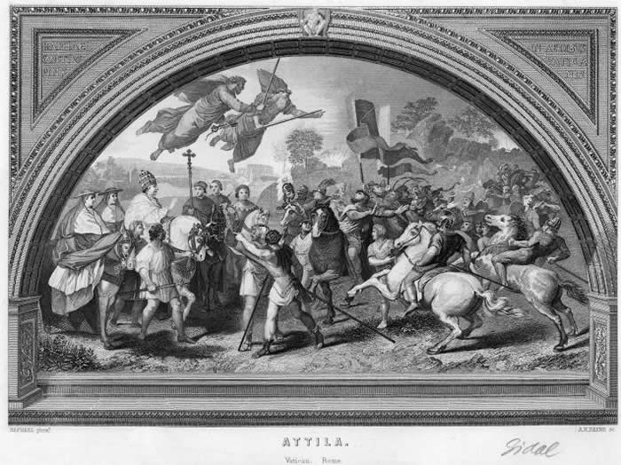 这幅根据16世纪拉斐尔（Raphael）湿壁画而制作的雕刻描绘公元452年匈人之王阿提拉（Attila）与教宗利奥一世（Pope Leo 1）会面。自4世纪起，