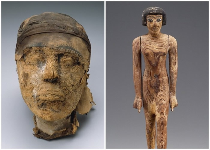 木乃伊头骨证实属于杰胡特纳克特本人；右图为其雕像。