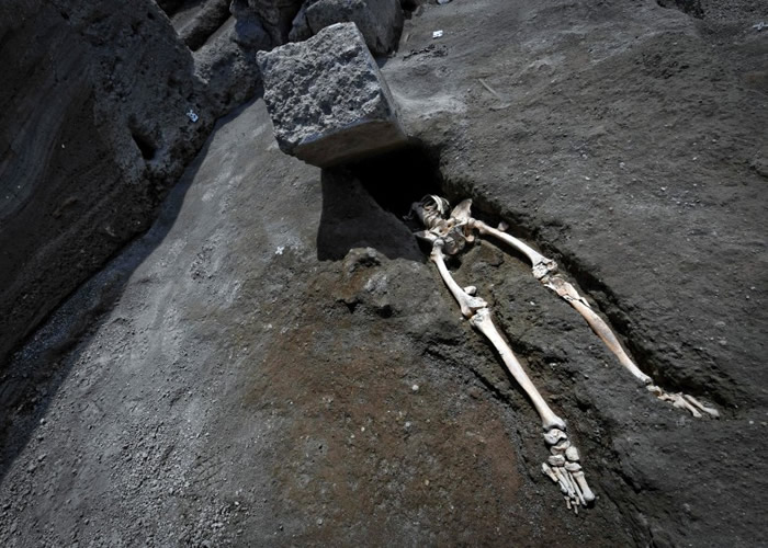 骸骨平躺在地上，颅骨及上肢被压碎。