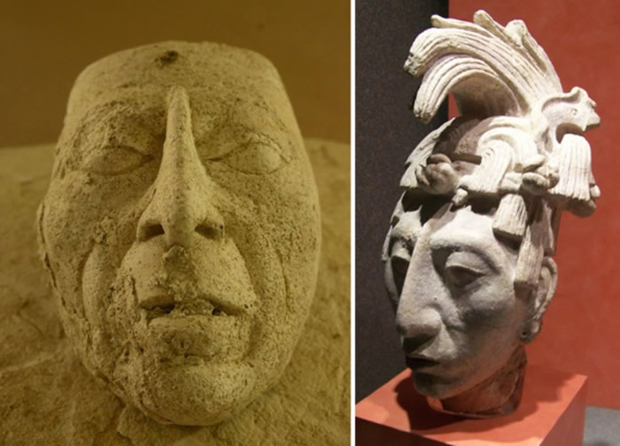 出土的灰泥面具（左图），相信属于帕卡尔大帝。