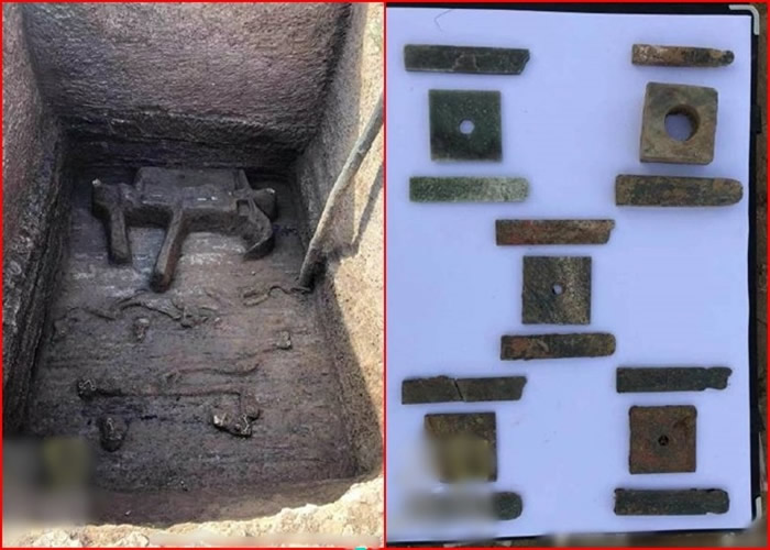 祭祀坑中发现了古时用于挖泥的农具及箭镞等物品。