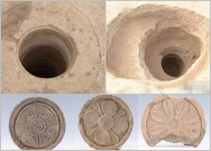 遗址内发现其中2口水井（左上及右上图），以及部分出土的文物（下图）。