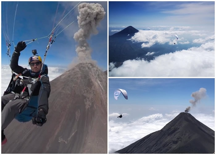西班牙极限运动好手Horacio Llorens Fernandez冒险乘滑翔伞飞越位危地马拉富埃戈火山