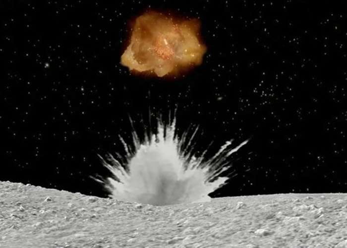 碰撞装置从上空引爆后，金属块高速撞击小行星地表，形成人造陨石坑；图为示意图。