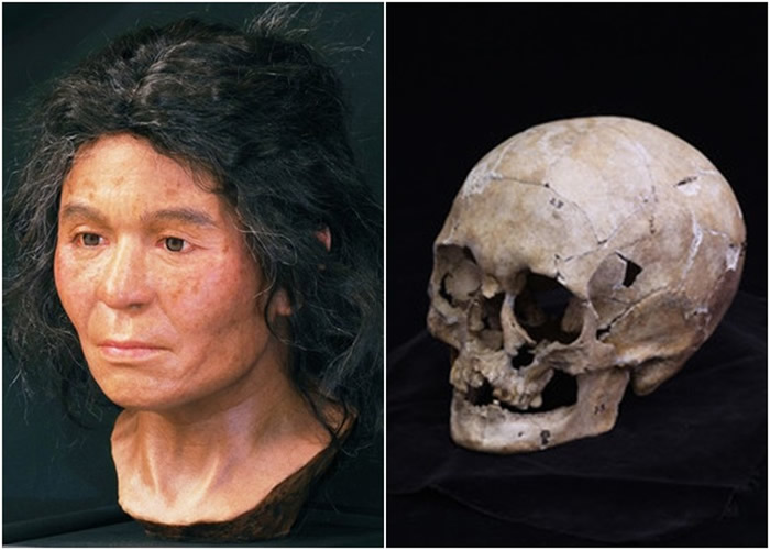 团队根据头盖骨（右图）模拟出该名女子生前的样貌（左图）。