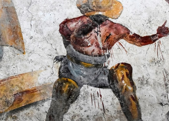 意大利庞贝古城考古公园北部酒室发现绘画角斗士战斗的壁画