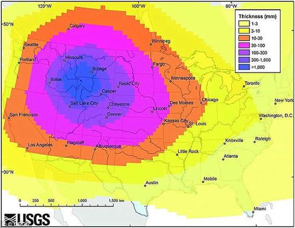 美国地质调查局的这张图表显示，黄石国家公园下熔浆的一次超级喷发会使火山灰遍布整个美国。