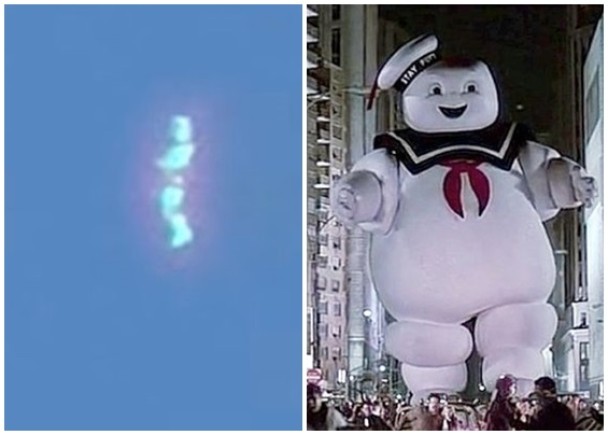 人形UFO（左图）被指似电影《捉鬼敢死队》中的“棉花糖鬼”（右图）。