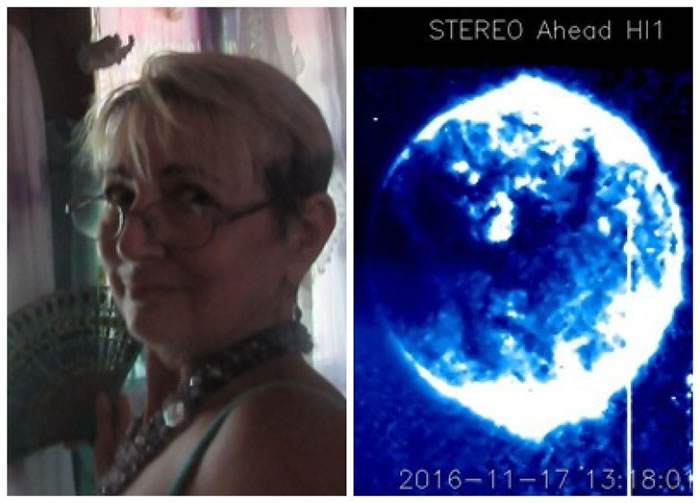 女网民约翰逊（左）称发现了美国卫星STEREO拍到巨球飞过太阳（右）。