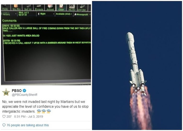 警方在社交网幽默回应（左图），有指火球为长征三号乙运载火箭的碎片（右图）。
