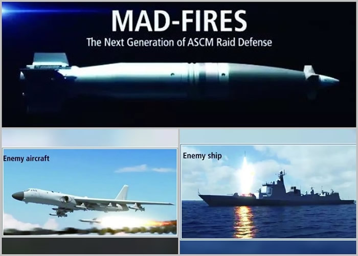 宣传片画面显示“MAD-FIRES”（上图）成功拦截解放军战机及舰艇（左下及右下图）的导弹。
