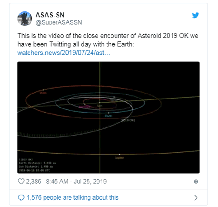 小行星“2019 OK”以8.7万公里时速近距离掠过地球