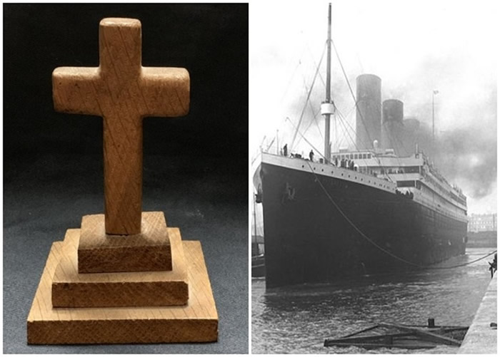 该枚十字架（左图）以铁达尼号（右图）残骸的木材制成。