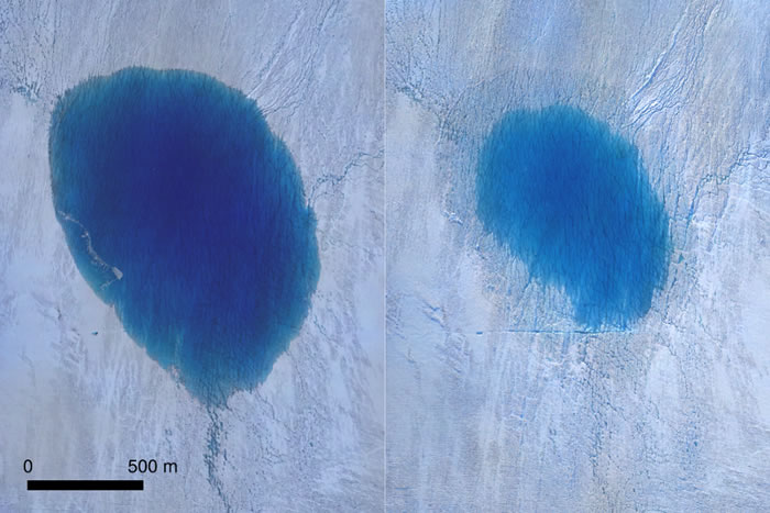 无人机拍下了格陵兰冰盖中的湖泊快速裂开崩塌形成地表最大瀑布的珍贵景象