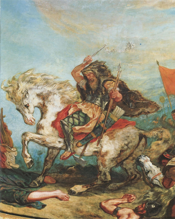 在法国画家德拉克洛瓦（Eugene Delacroix）的画作中，匈人阿提拉（Attila the Hun ）与他的手下从马背上攻击敌人。 PHOTOGRAPH