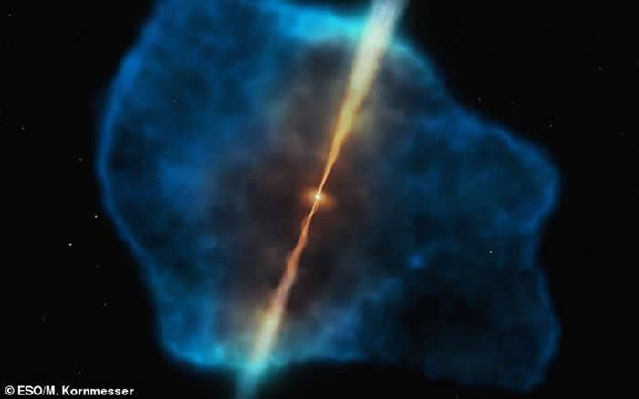 125亿年前，古老的黑洞可能以气体和尘埃为食，发展成为今天的超大质量物体。这幅图描绘了早期宇宙中一颗类星体周围的气晕。