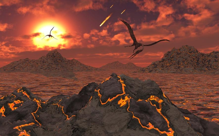 在让非飞行恐龙灭亡的大灭绝事件发生时，几只翼龙飞过火山的想象图。 ILLUSTRATION BY STOCKTREK IMAGES, NAT GEO IMAGE