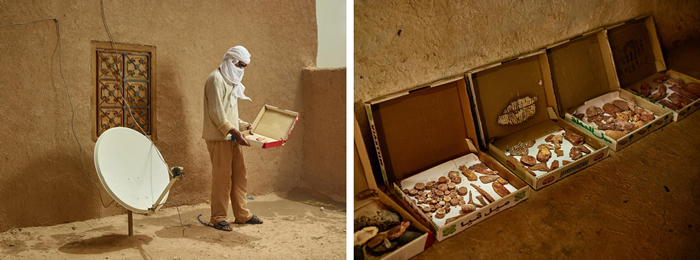 （左） 摩洛哥陶乌兹（Taouz），一名化石采集者站在他家门外的卫星天线旁展示他的部分发现。 这些孤骨能让我们窥见棘龙家园，即卡玛卡玛生态系的生物多样性。 （右