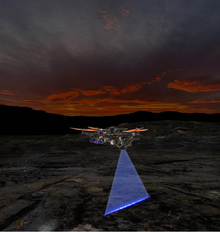 图一︰港大研发的自动激光扫描无人机系统在夜间寻找化石、矿物和生物目标(此为仿真图片)。图片提供：Thomas G Kaye和文嘉棋。