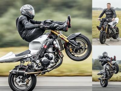 英国达勒姆28岁摩托车手Jonny Davies创下最快的摩托车翘孤轮行驶速度纪录