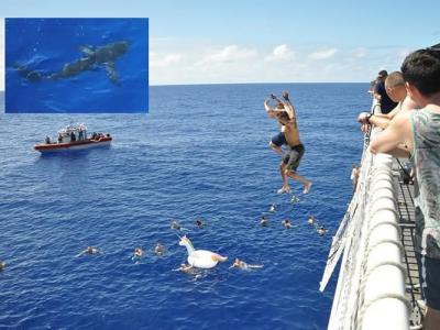 美国海岸防卫队成员在太平洋嬉水期间遇上一条鲨鱼游近 多次开枪击退