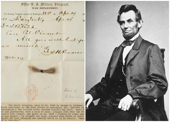 美国第16任总统林肯一绺头发拍卖 估价至少7.5万美元
