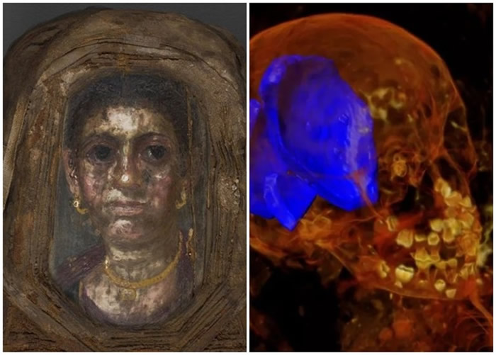 木乃伊外面绘了成年妇人肖像（左图），但当中包裹的其实是女童（右图）。