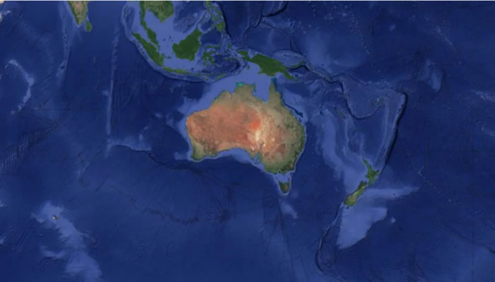 卫星数据可以用来显示西兰大陆，它看起来像一个浅蓝色的倒转三角形，位于澳大利亚以东