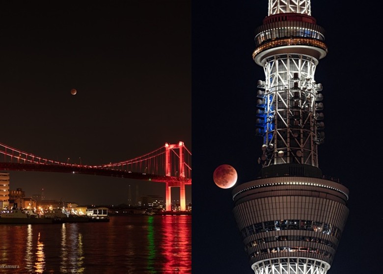 日本福冈（左图）及东京晴空塔（右图）出现月偏食。