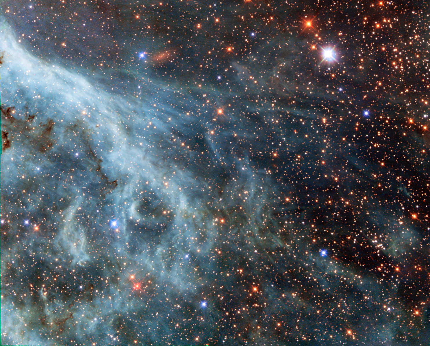 哈勃太空望远镜的图像显示了塔兰图拉星云的部分外围。这个著名的美丽星云，位于大麦哲伦云中，是哈勃经常关注的目标。资料来源：ESA/Hubble & NAS